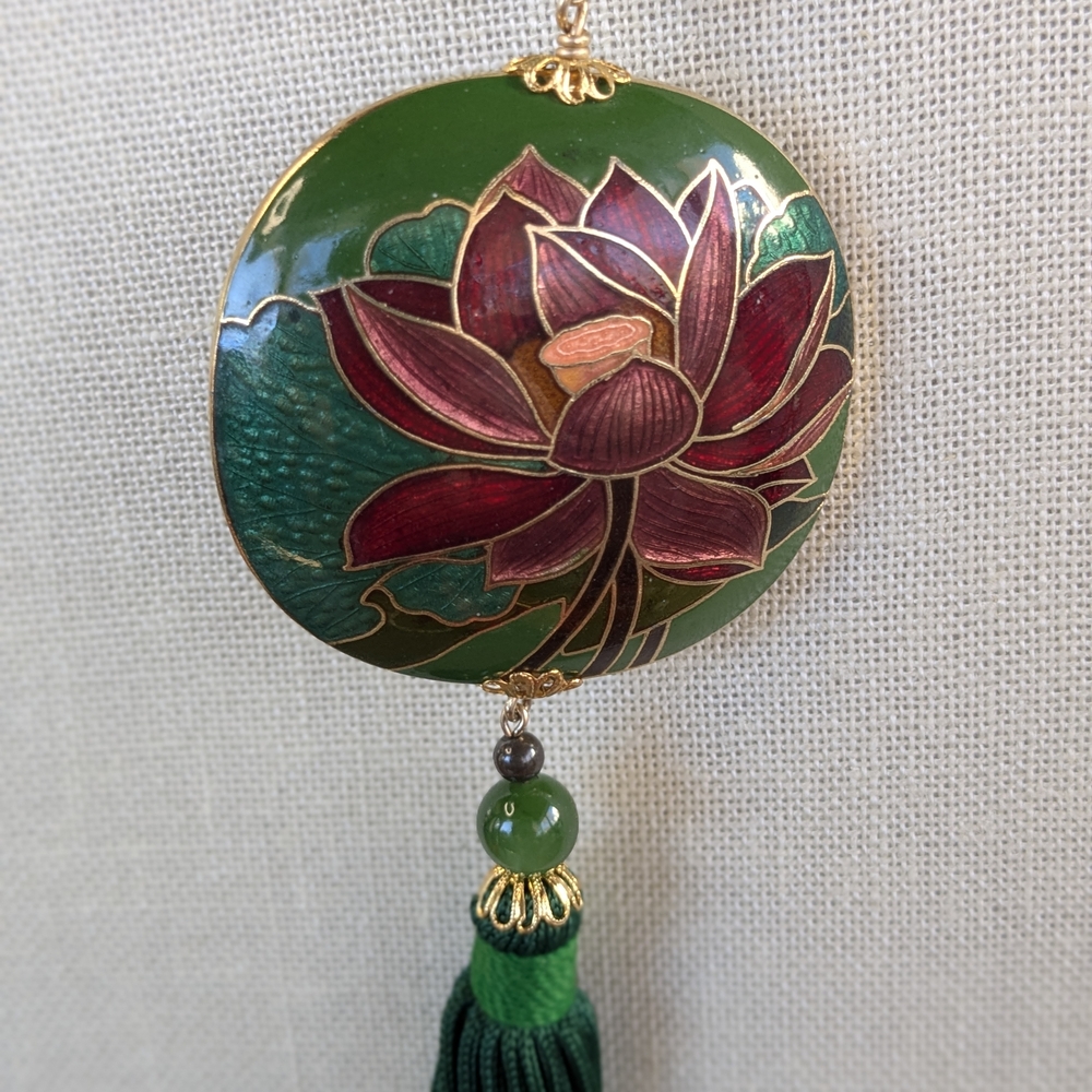 Cloisonné Lotus Pendant Necklace Green Purple Tassel Statement Boho Vintage - Picture 3 of 6